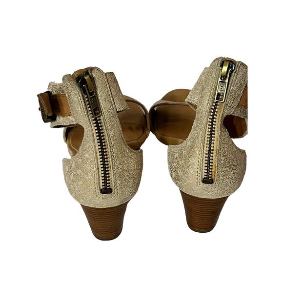 NEW UGG Char Wedge Ankle Sandals •6.5• Gold Beige Leather Woven - Picture 7 of 13